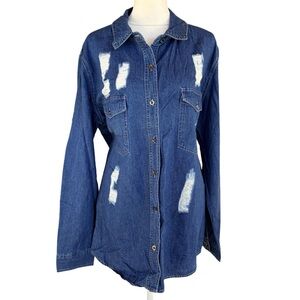 New Look Distressed Denim Long Sleeve Button Shirt Size XL Women's